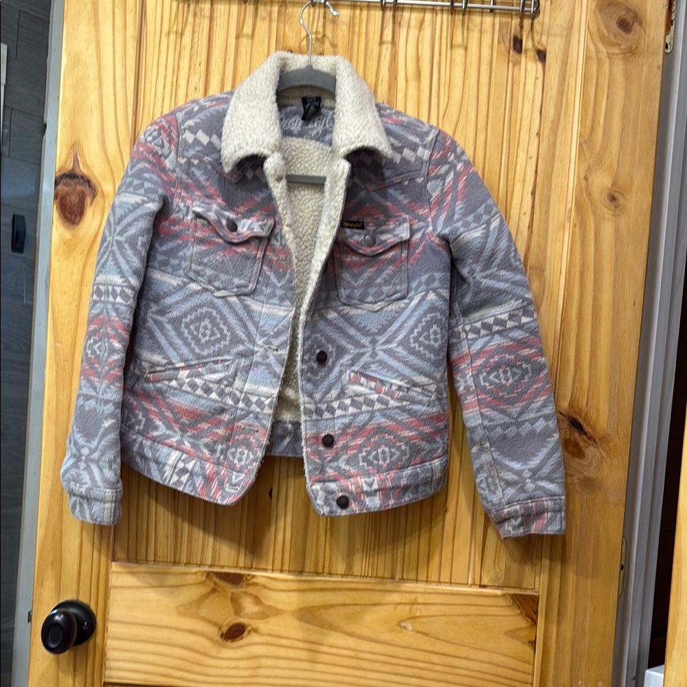 Wrangler Gray and Red Patterned Jean Jacket with Sherpa Lining